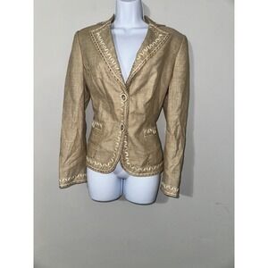 RENA LANGE LINEN VIRGIN WOOL SILK BLEND EMBROIDERED SHOULDER PADS BLAZER SIZE 10